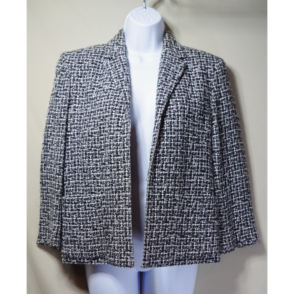 Jones New York Signature Medium Black White Tweed Open Front Blazer Jacket